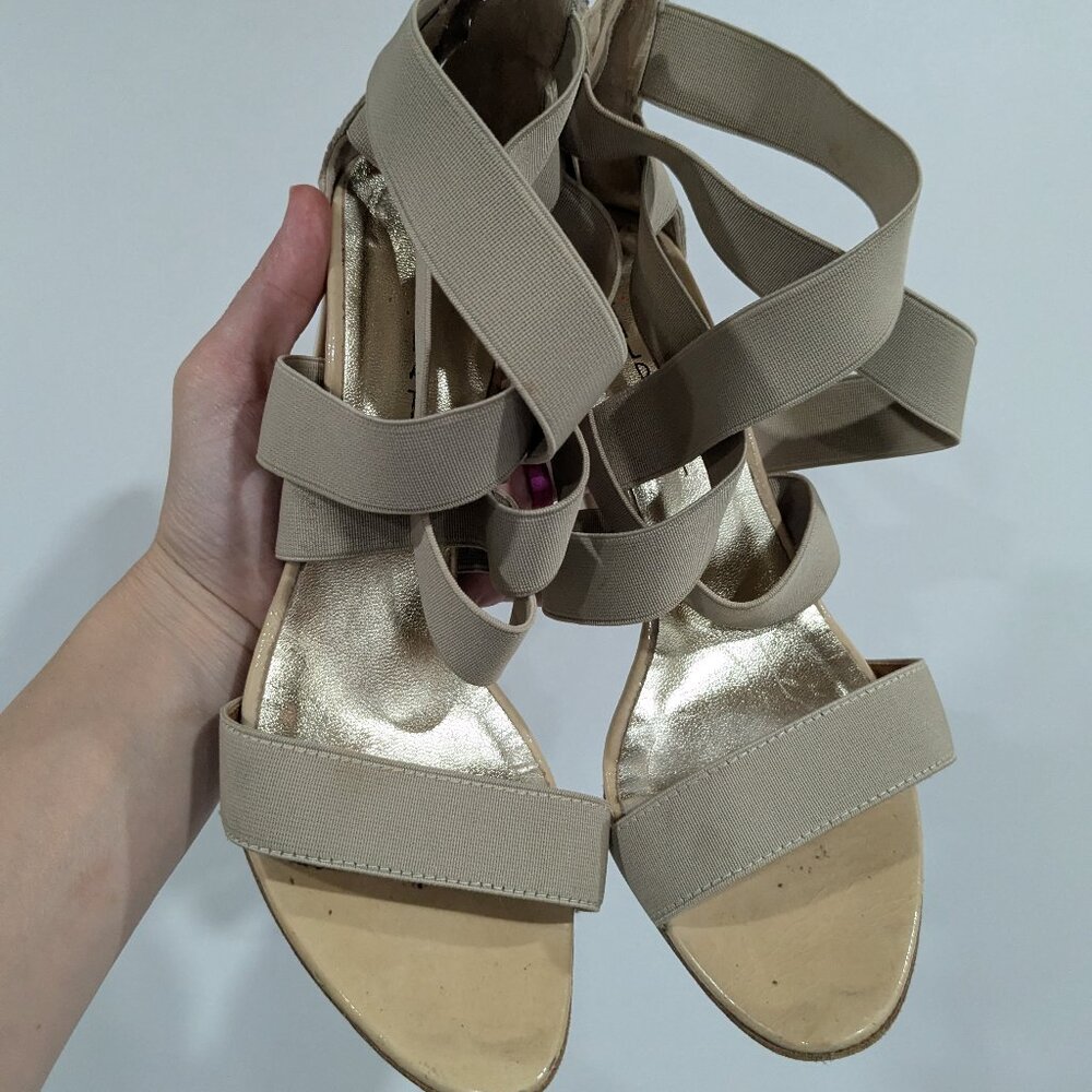 Matilda Genuine Leather Elastic Strappy Sandals Tan Beige Size 37 Size 6